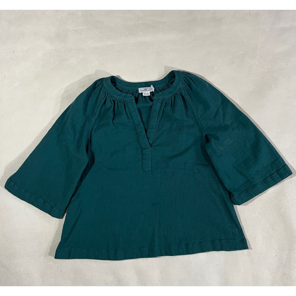 Vineyard Vines Teal Gauze Split Neck 3/4 Sleeve Tunic Top Size S 100% Cotton